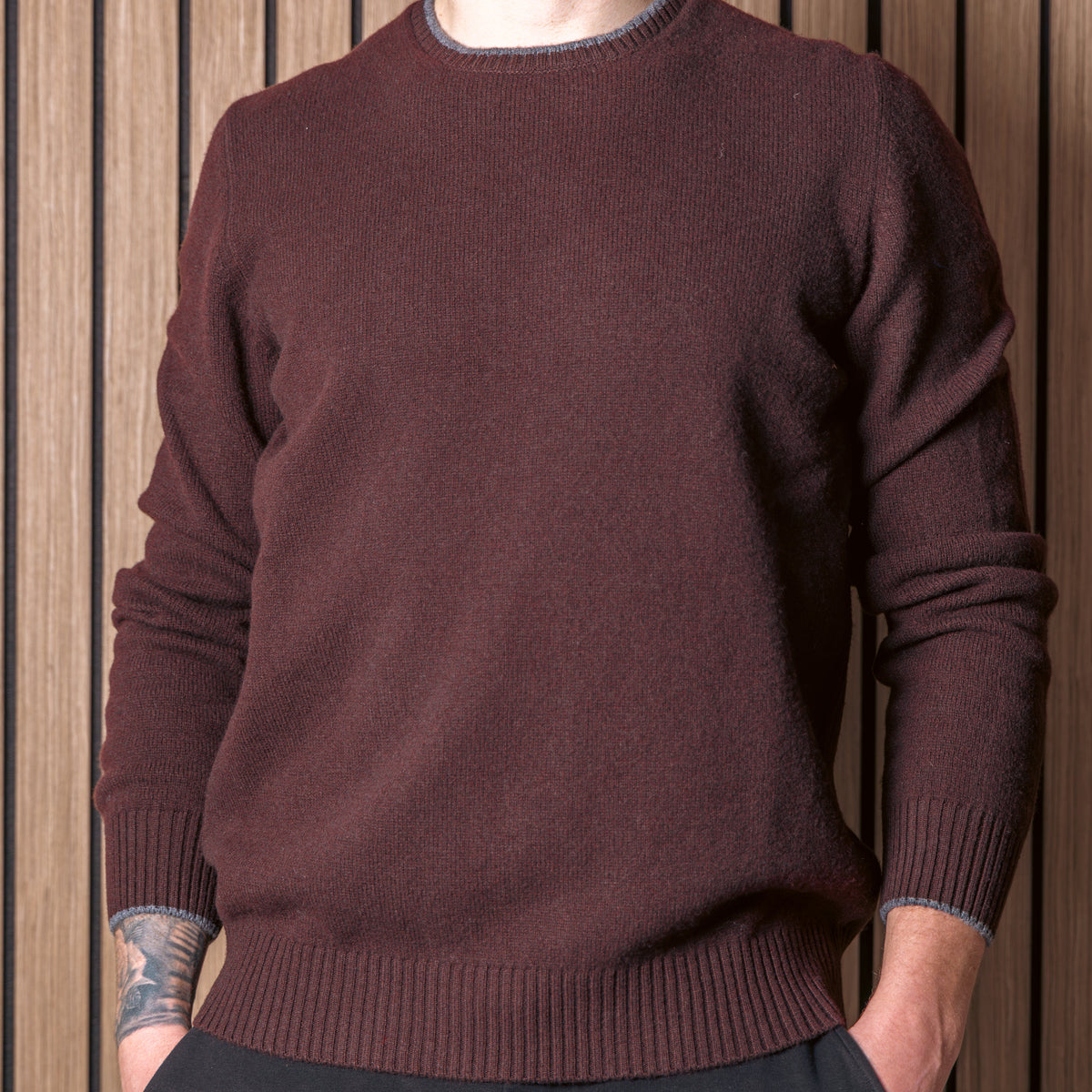 Brown Super Geelong Wool Crew Neck Jumper with Grey Trim