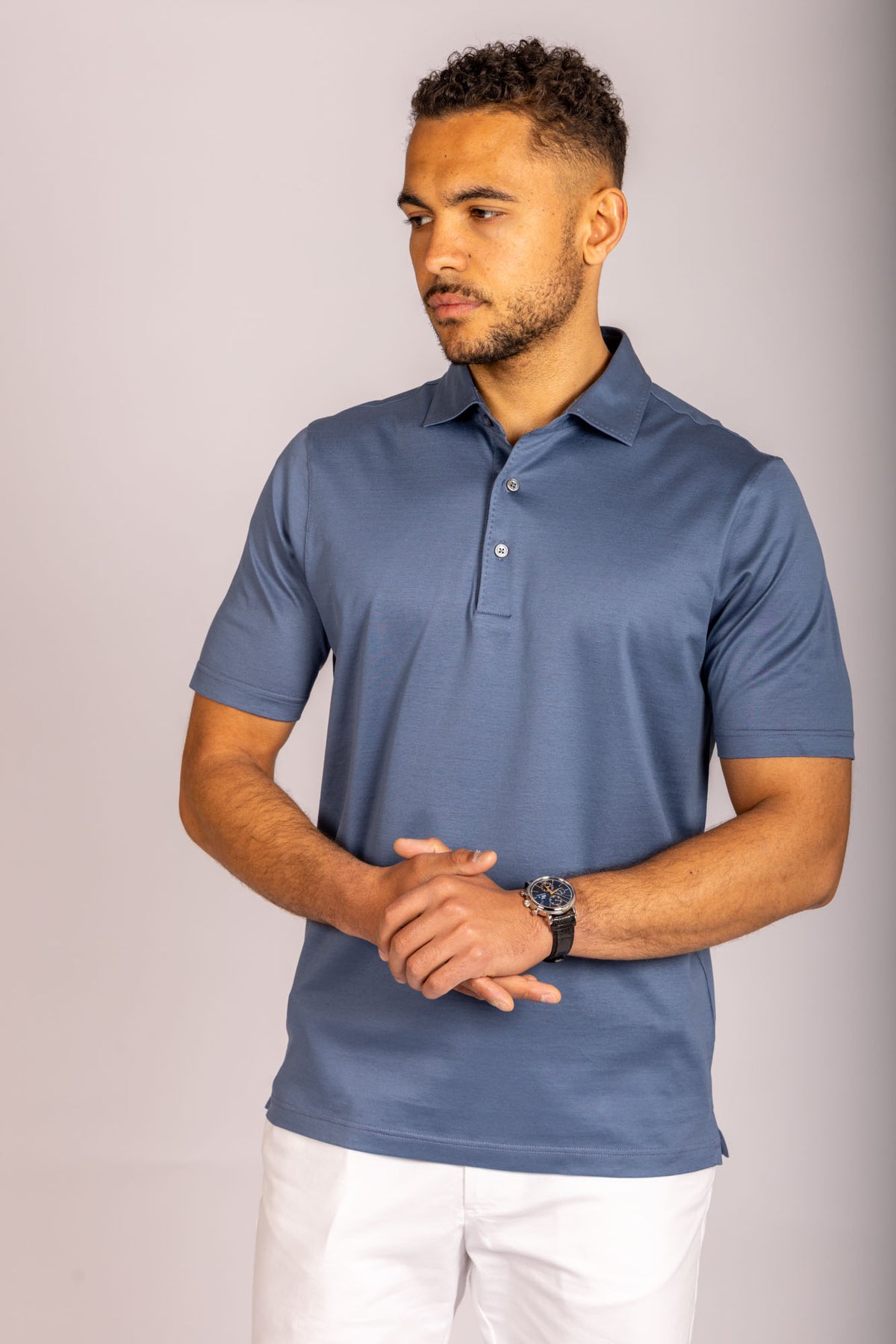 Steel blue performance polo – Featherstone London men’s polo shirts