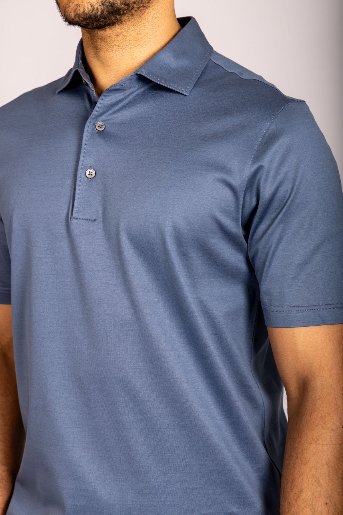 Steel blue performance polo – Featherstone London men’s polo shirts - Close Up Details