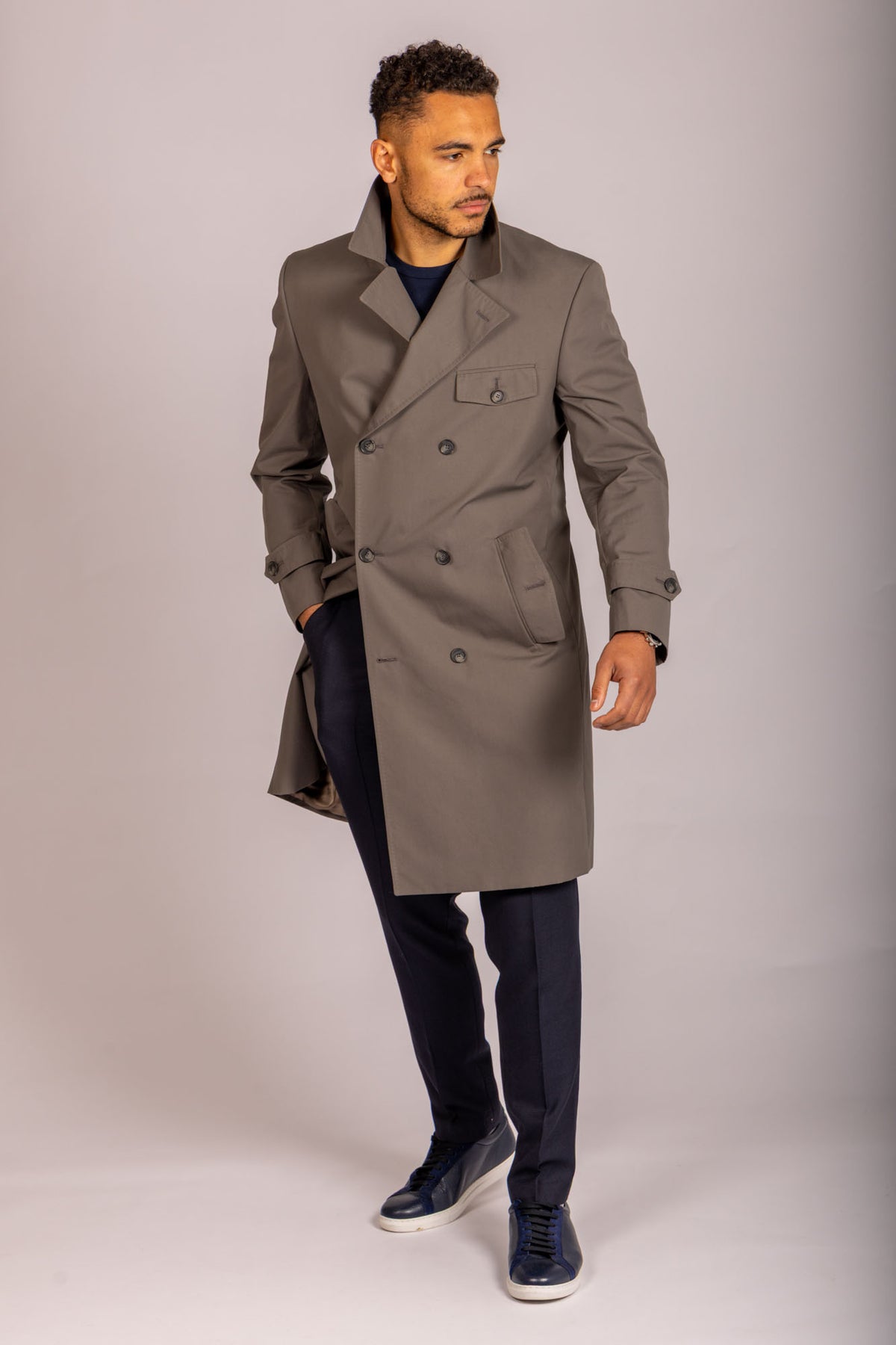 Featherstone London taupe double-breasted trench coat - closed