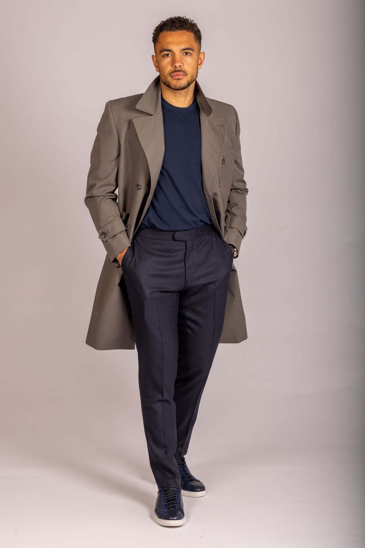 Featherstone London taupe double-breasted trench coat