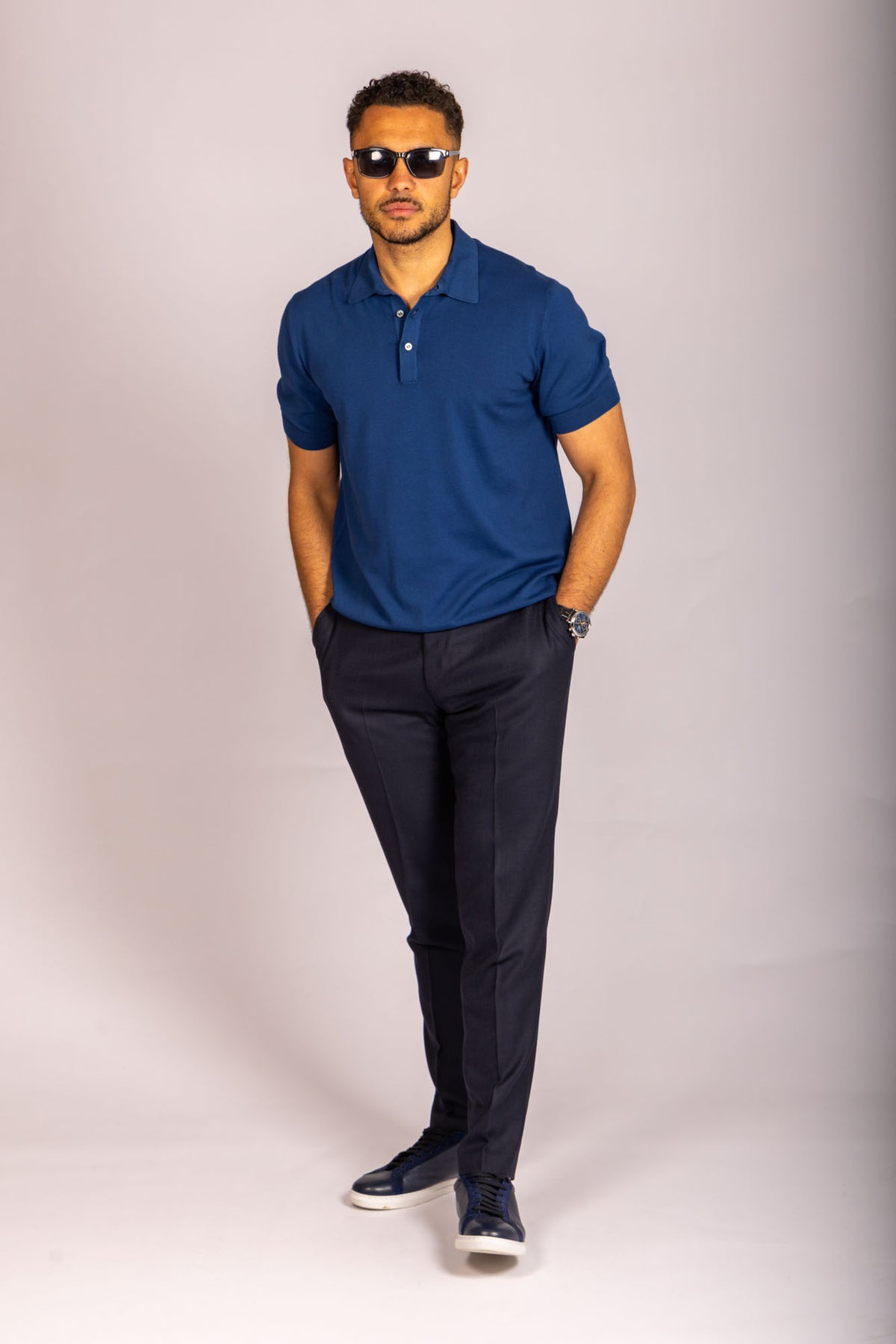 Navy blue knit polo – Featherstone London men’s polo shirts - Full Body