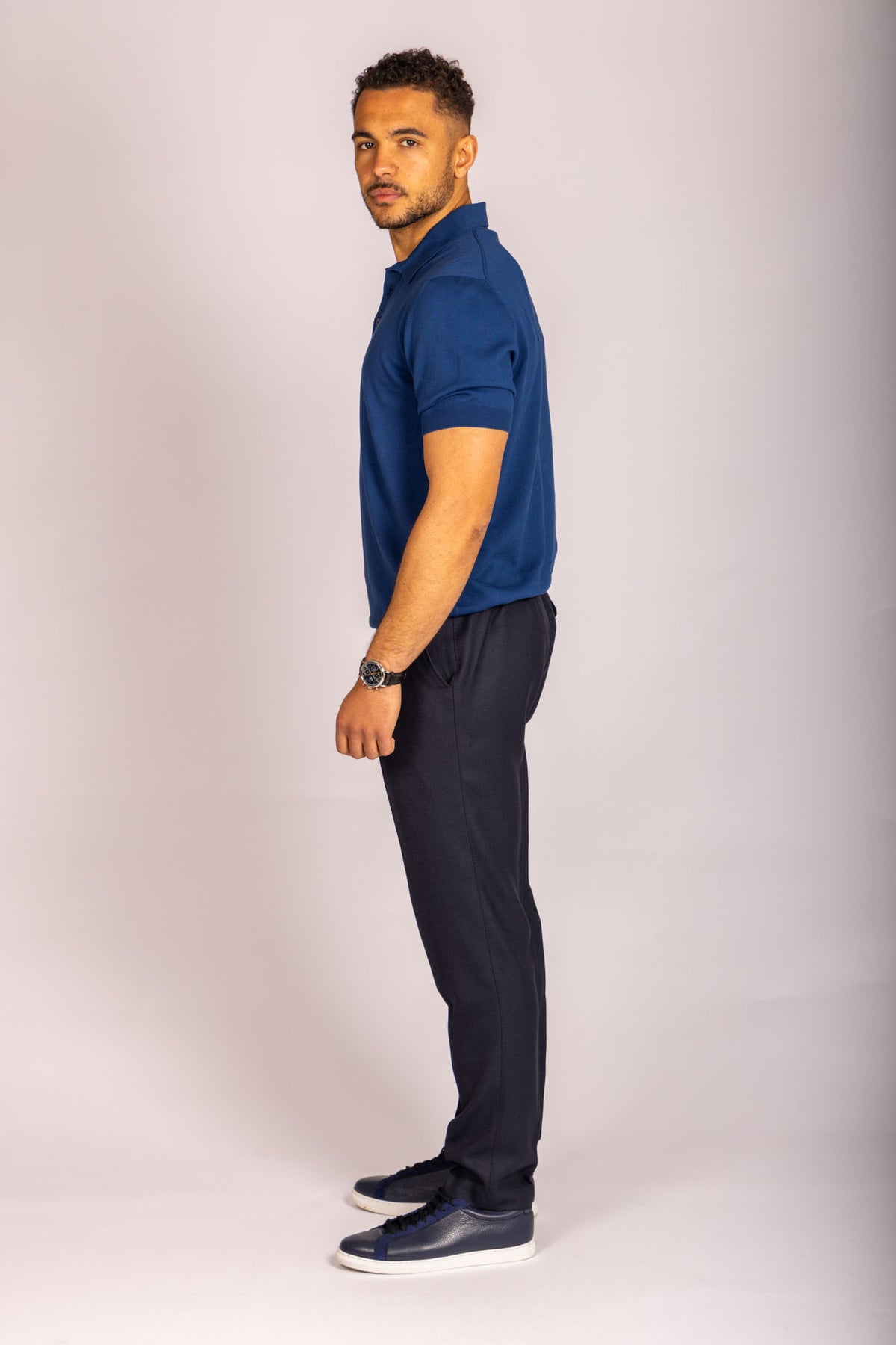 Navy blue knit polo – Featherstone London men’s polo shirts - Side View