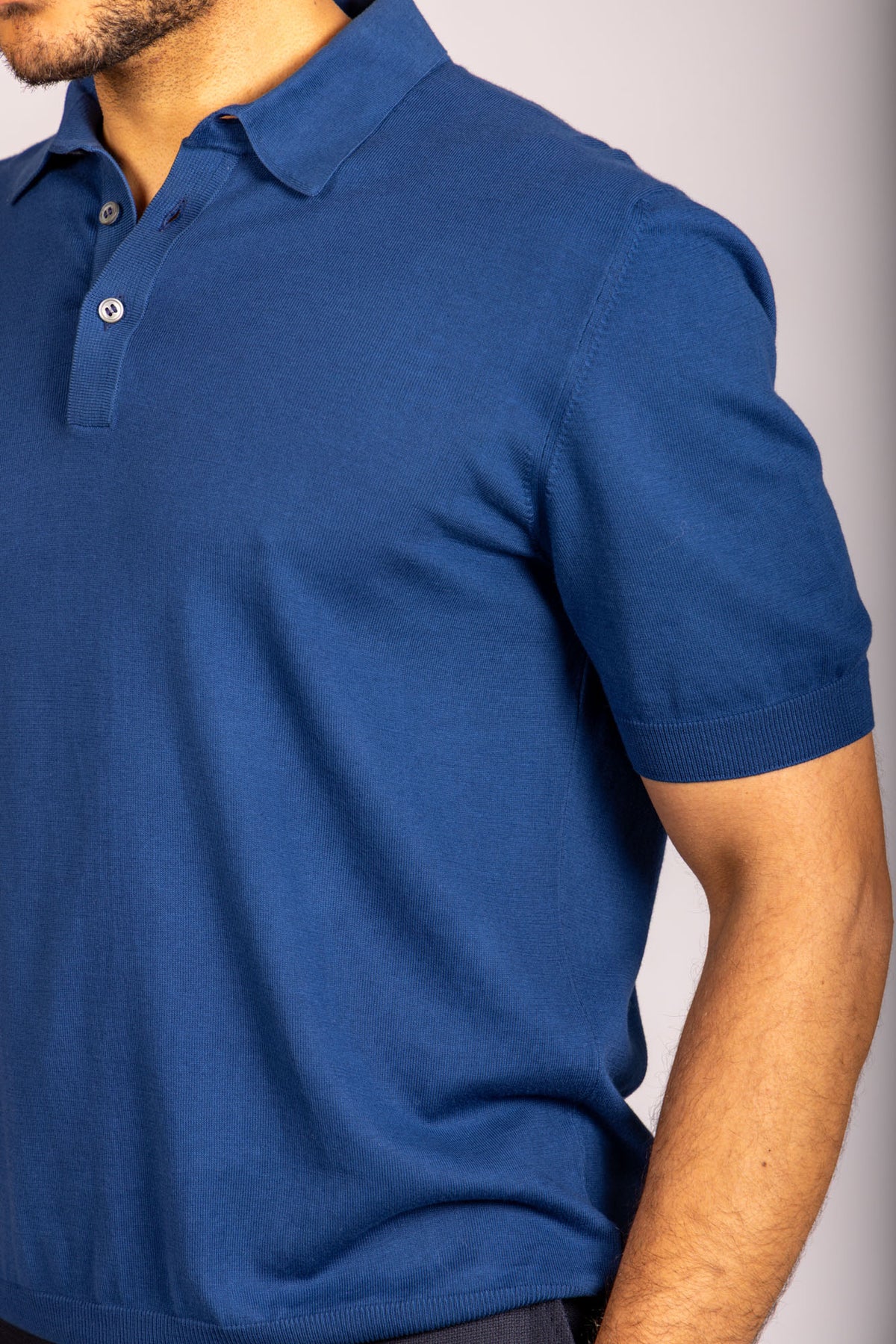 Navy blue knit polo – Featherstone London men’s polo shirts - Close Up