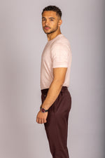 Side View Model wearing a soft pink crew neck T-shirt – Featherstone London smart casual menswear