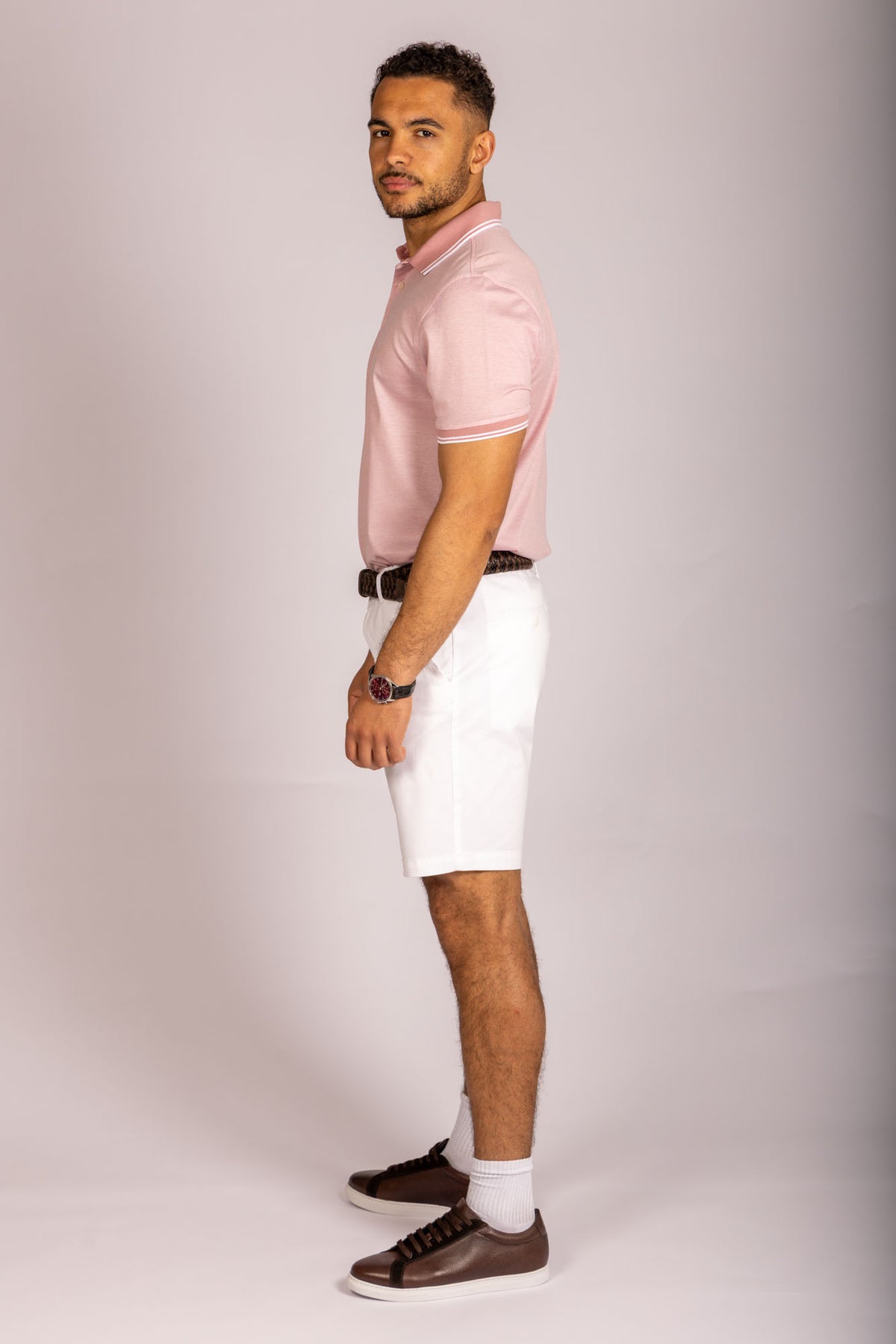 Light pink tipped performance polo – Featherstone London men’s polo shirts - Side View