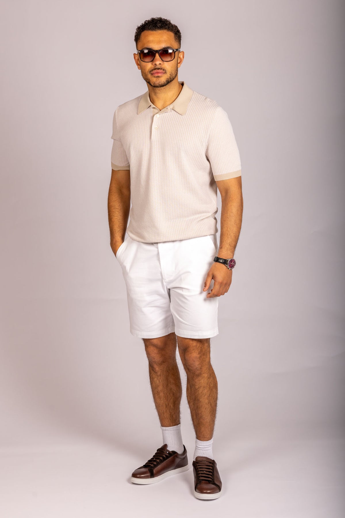 Beige textured knit polo shirt – Featherstone London men’s polo shirts - Full Body
