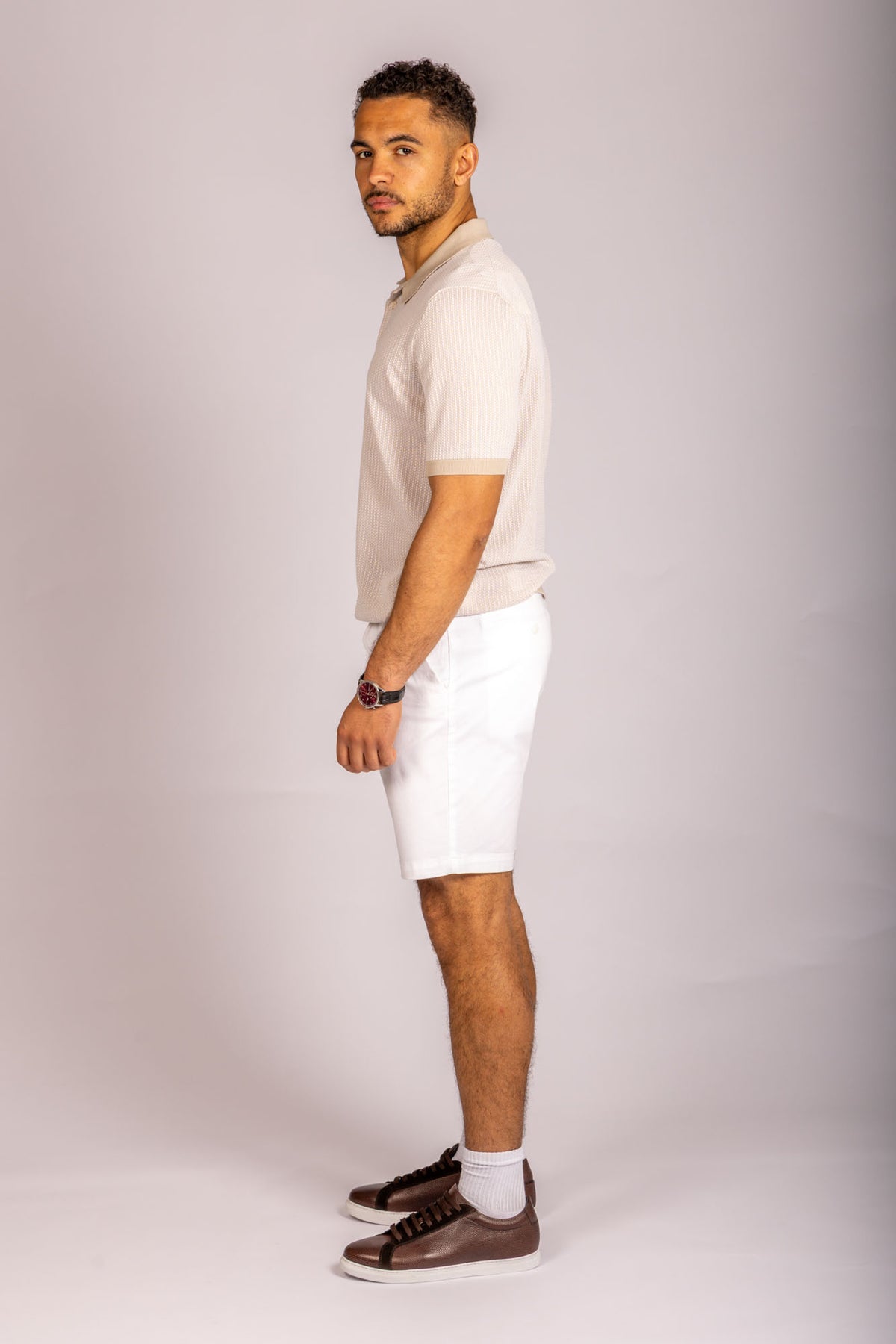 Beige textured knit polo shirt – Featherstone London men’s polo shirts - Side View