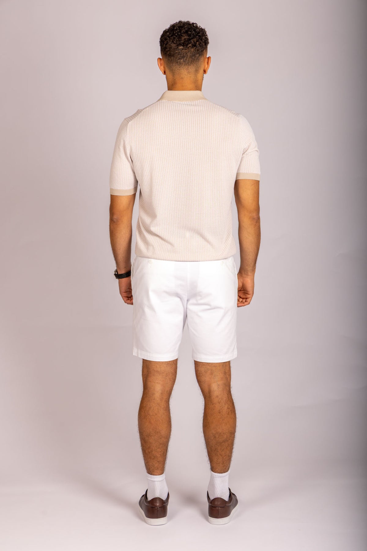 Beige textured knit polo shirt – Featherstone London men’s polo shirts - Back View