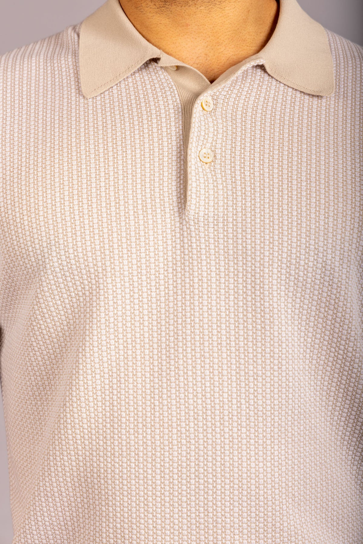 Beige textured knit polo shirt – Featherstone London men’s polo shirts - Detail