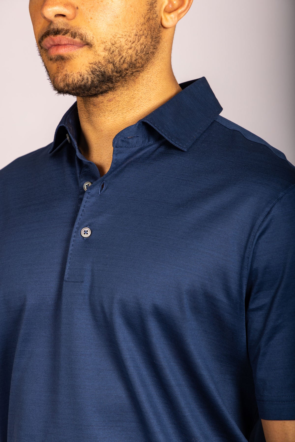 Navy blue performance polo – Featherstone London men’s polo shirts - Close Up