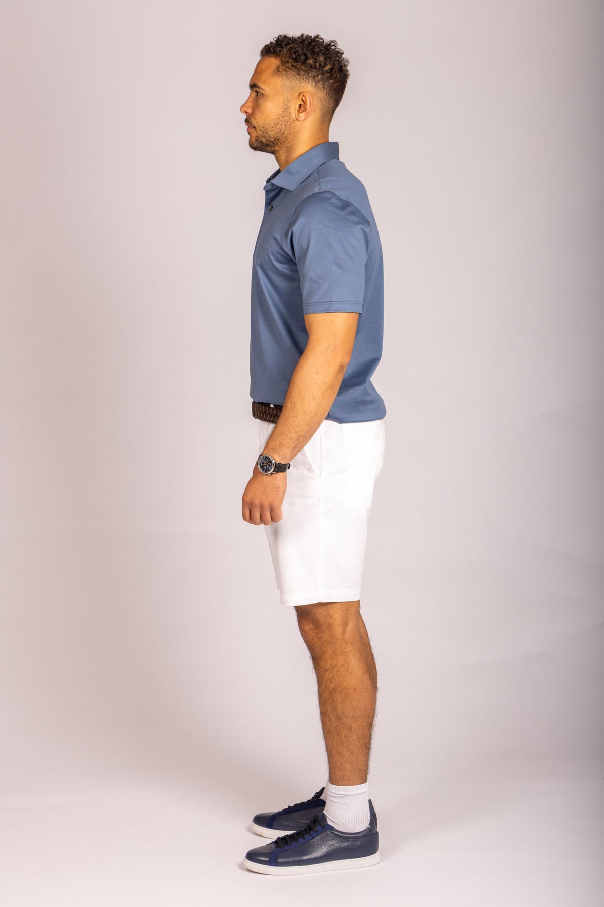 Steel blue performance polo – Featherstone London men’s polo shirts - Side View