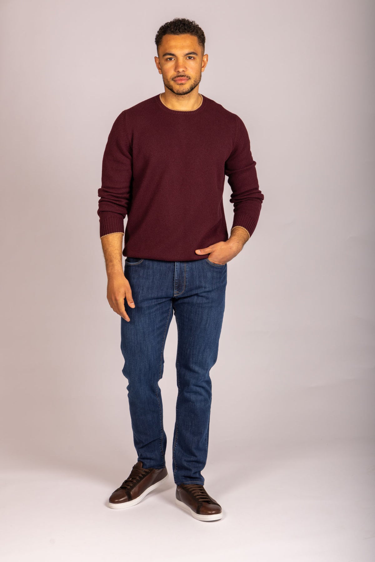 Burgundy Super Geelong Wool Crew Neck Jumper with Beige Trim