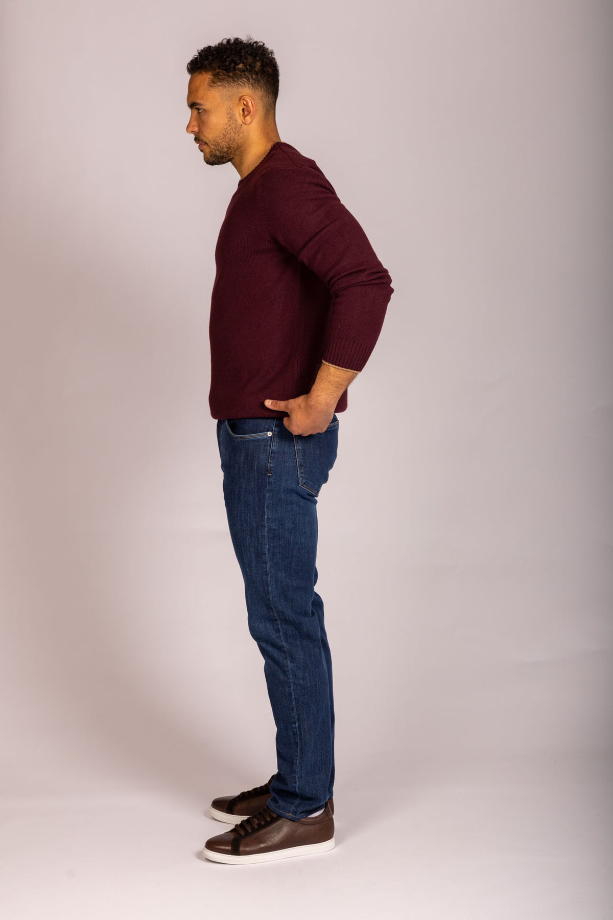 Burgundy Super Geelong Wool Crew Neck Jumper with Beige Trim