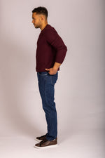Burgundy Super Geelong Wool Crew Neck Jumper with Beige Trim