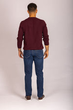 Burgundy Super Geelong Wool Crew Neck Jumper with Beige Trim