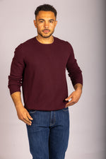 Burgundy Super Geelong Wool Crew Neck Jumper with Beige Trim