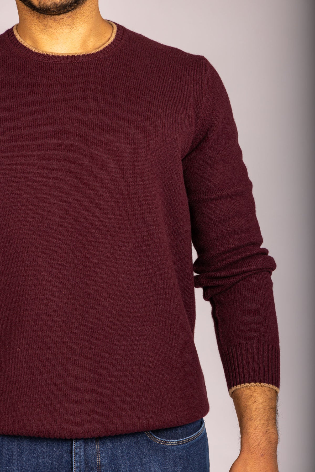 Burgundy Super Geelong Wool Crew Neck Jumper with Beige Trim
