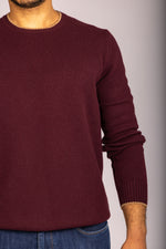 Burgundy Super Geelong Wool Crew Neck Jumper with Beige Trim