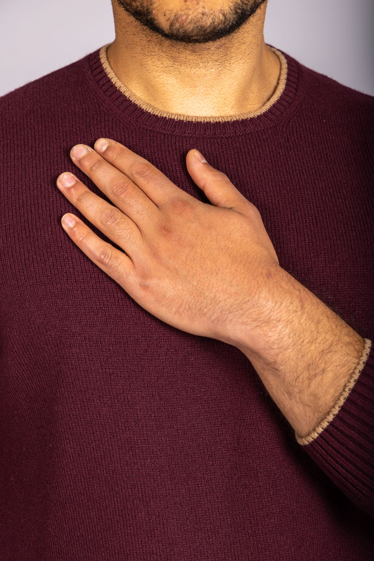 Burgundy Super Geelong Wool Crew Neck Jumper with Beige Trim