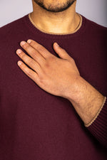 Burgundy Super Geelong Wool Crew Neck Jumper with Beige Trim