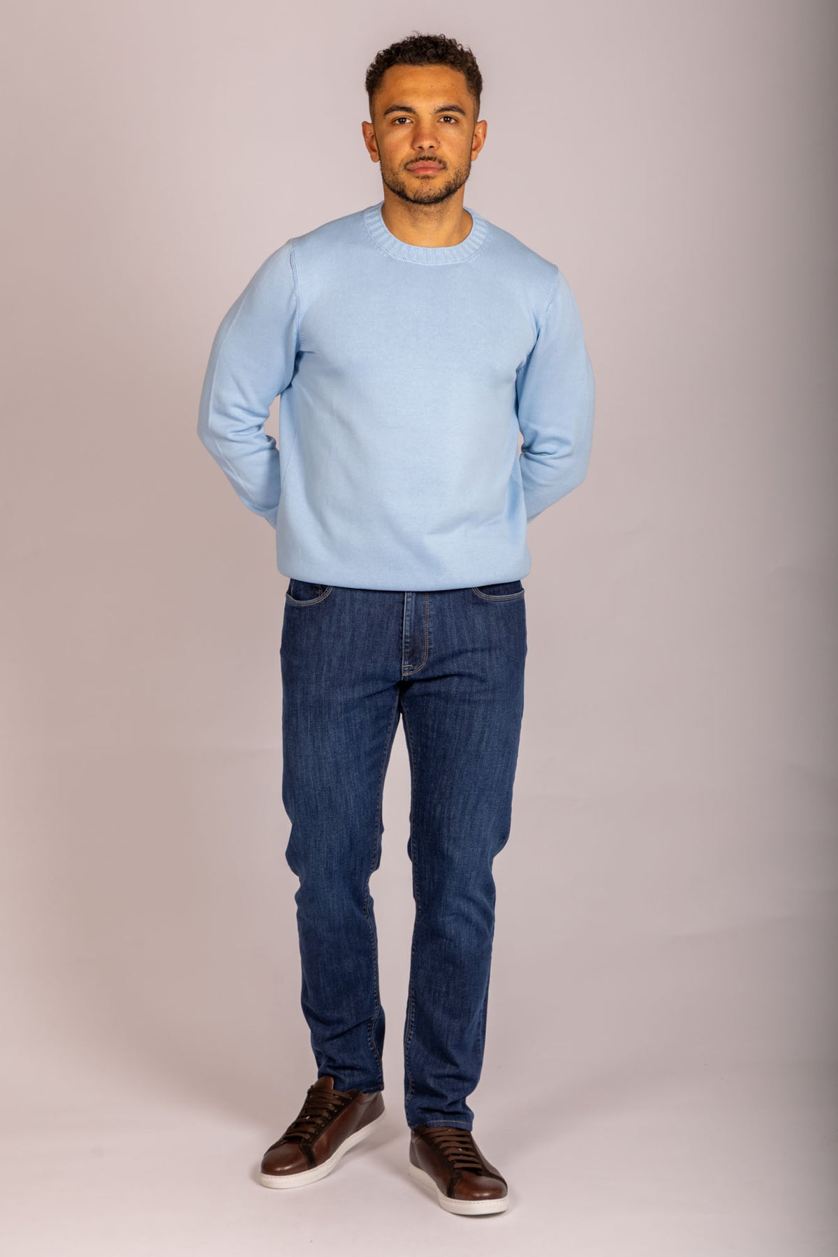 Light blue crew neck jumper – Featherstone London men’s knitwear - Full Body