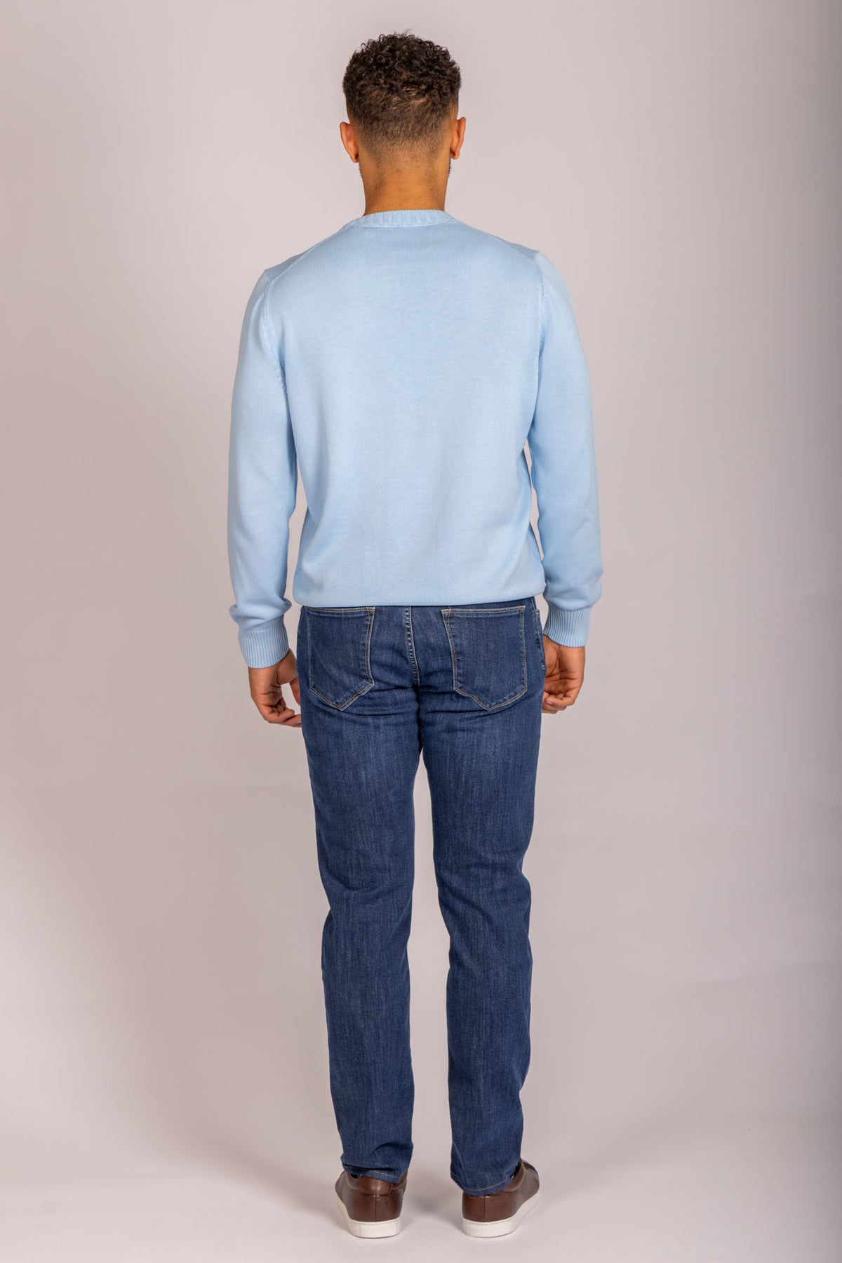 Light blue crew neck jumper – Featherstone London men’s knitwear - Back View