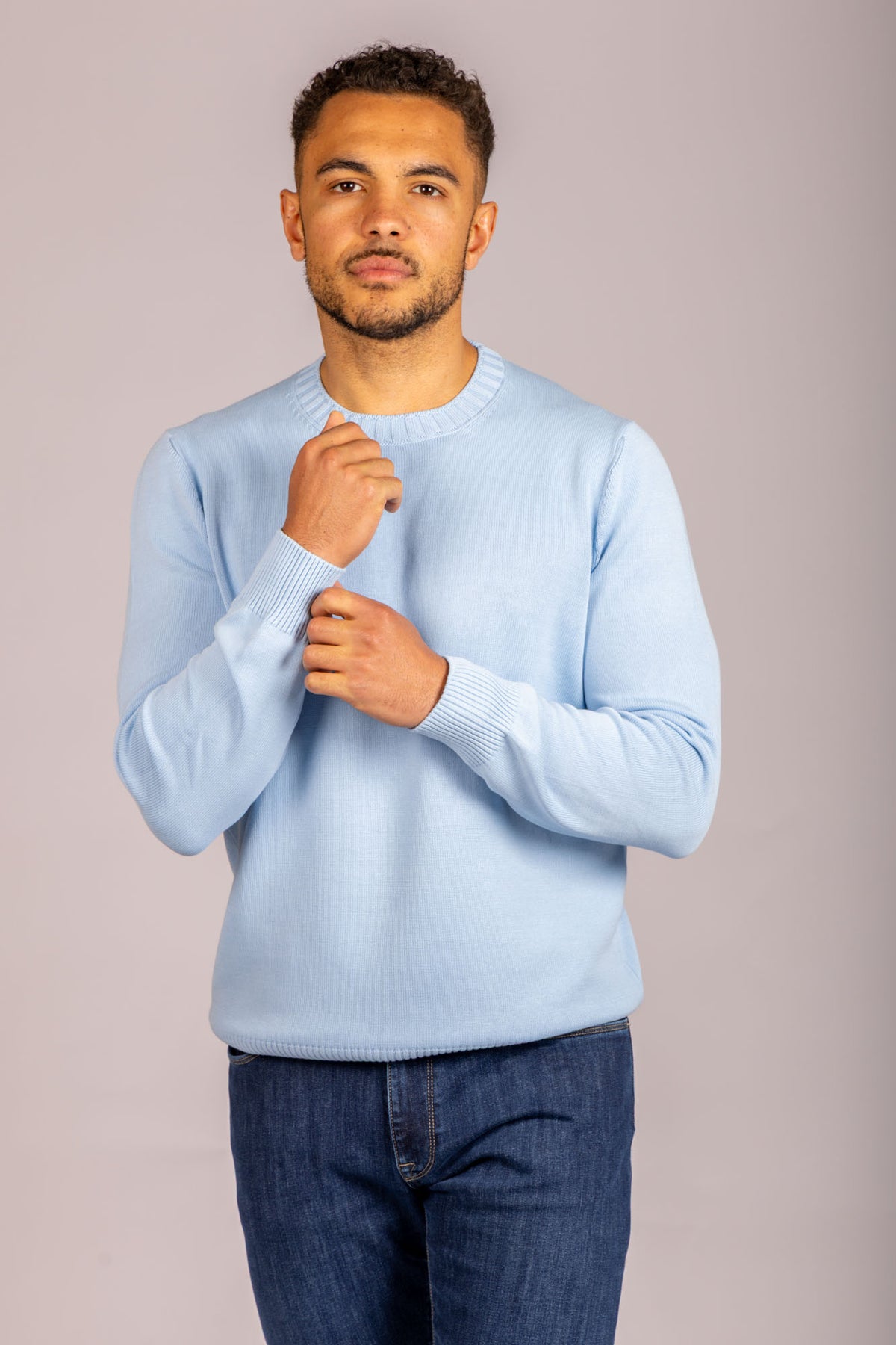 Light blue crew neck jumper – Featherstone London men’s knitwear