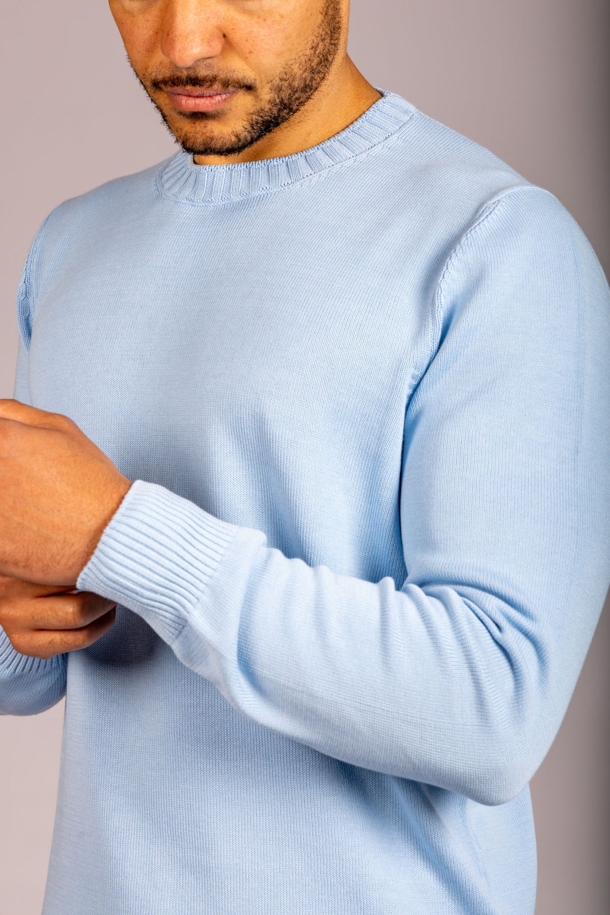 Light blue crew neck jumper – Featherstone London men’s knitwear - Close Up