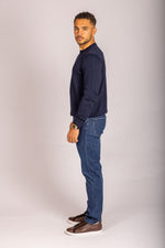 Navy crew neck jumper – Featherstone London men’s knitwear - Side View