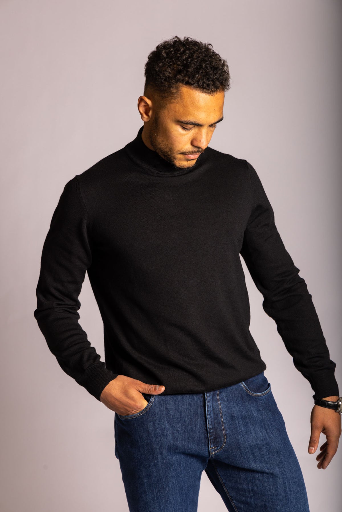 Black Merino Wool Turtle Neck Jumper