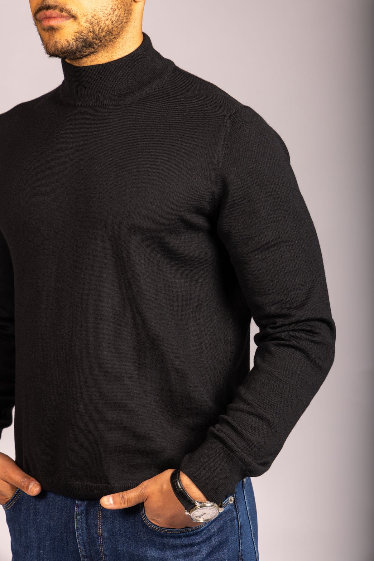 Black Merino Wool Turtle Neck Jumper