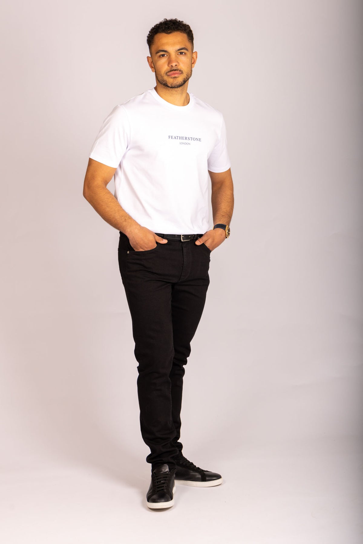 Men’s white short sleeve logo T-shirt – Featherstone London crew neck - Full Body