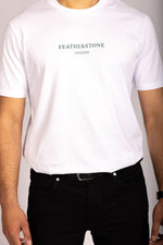 Men’s white logo T-shirt – crew neck short sleeve by Featherstone London - Close up