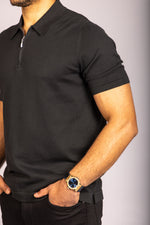 Black zip knit polo – Featherstone London men’s polo shirts - Close Up Side