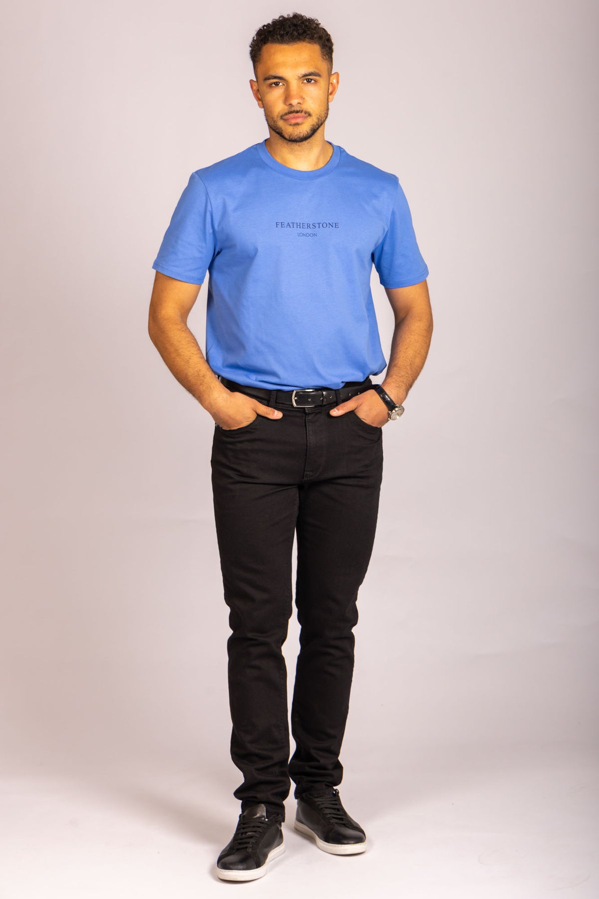 Men’s cobalt blue logo T-shirt – short sleeve crew neck by Featherstone London - Full Body