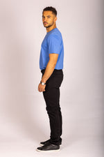 Men’s cobalt blue logo T-shirt – short sleeve crew neck by Featherstone London - Side View