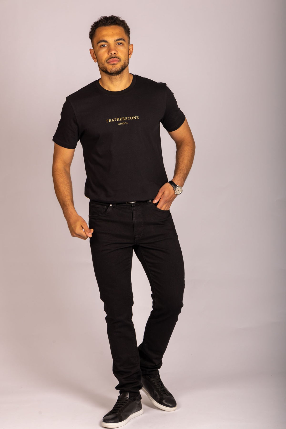 Men’s black logo T-shirt – short sleeve crew neck by Featherstone London - Full Body