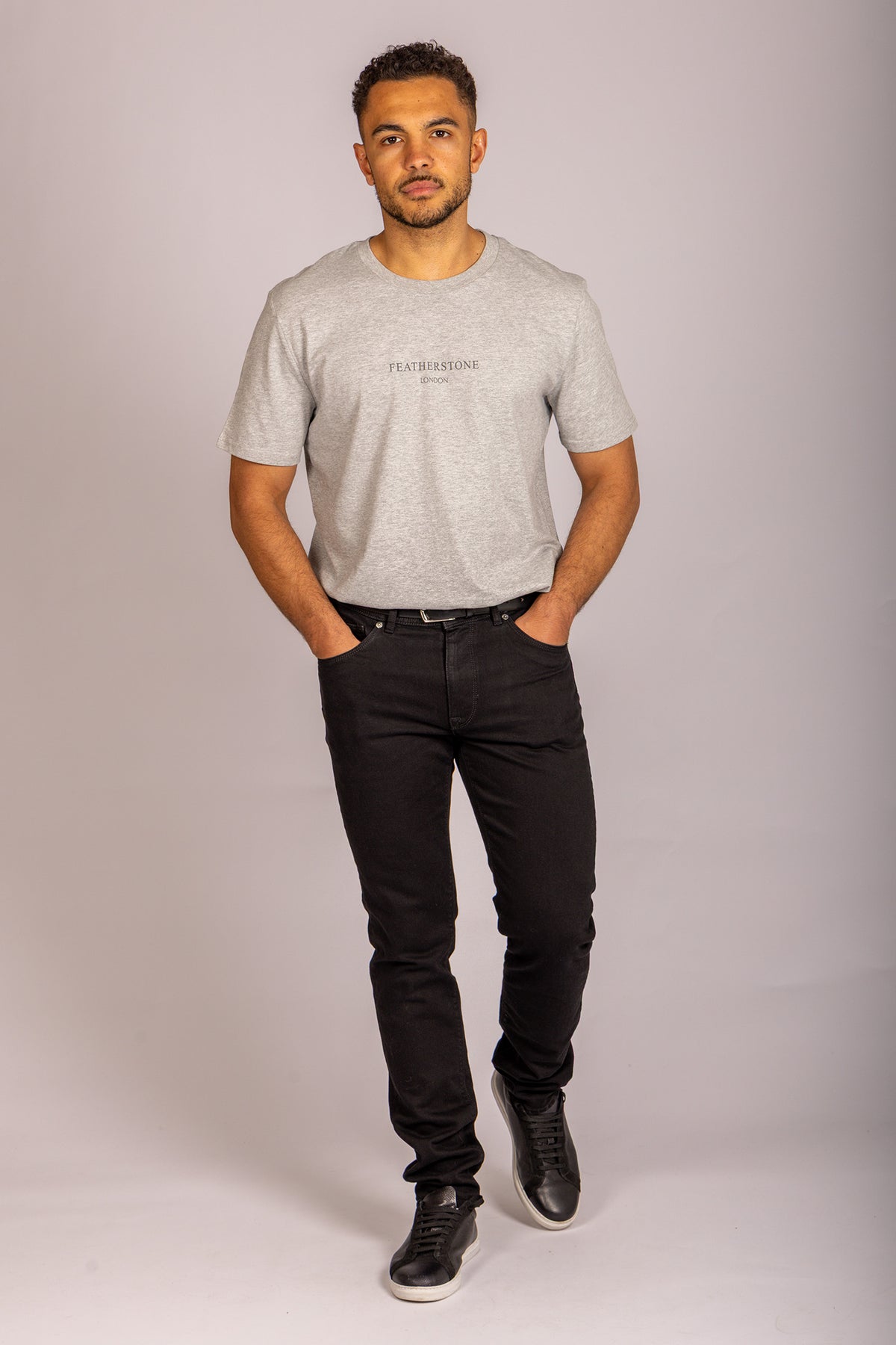 Men’s light grey logo T-shirt – short sleeve crew neck by Featherstone London - Full Body