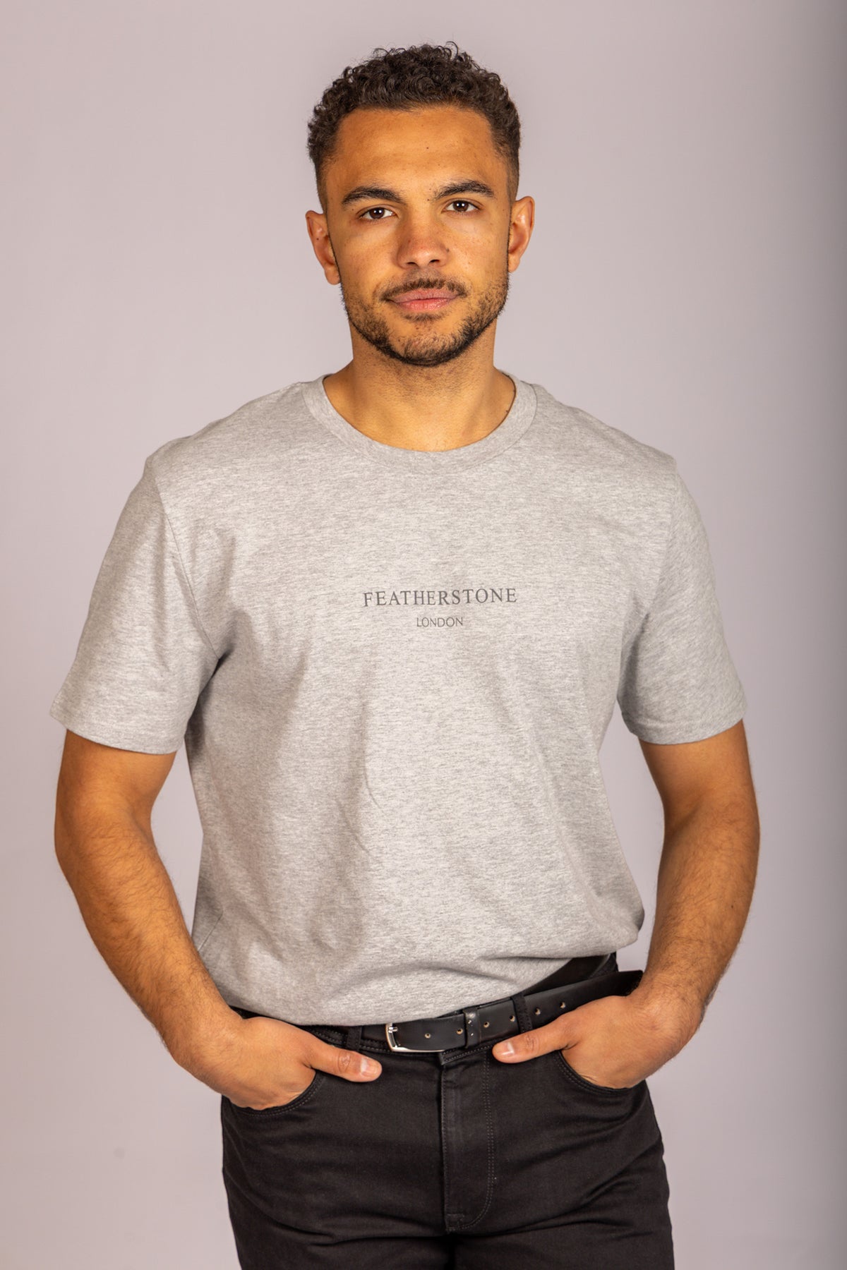 Men’s light grey logo T-shirt – short sleeve crew neck by Featherstone London