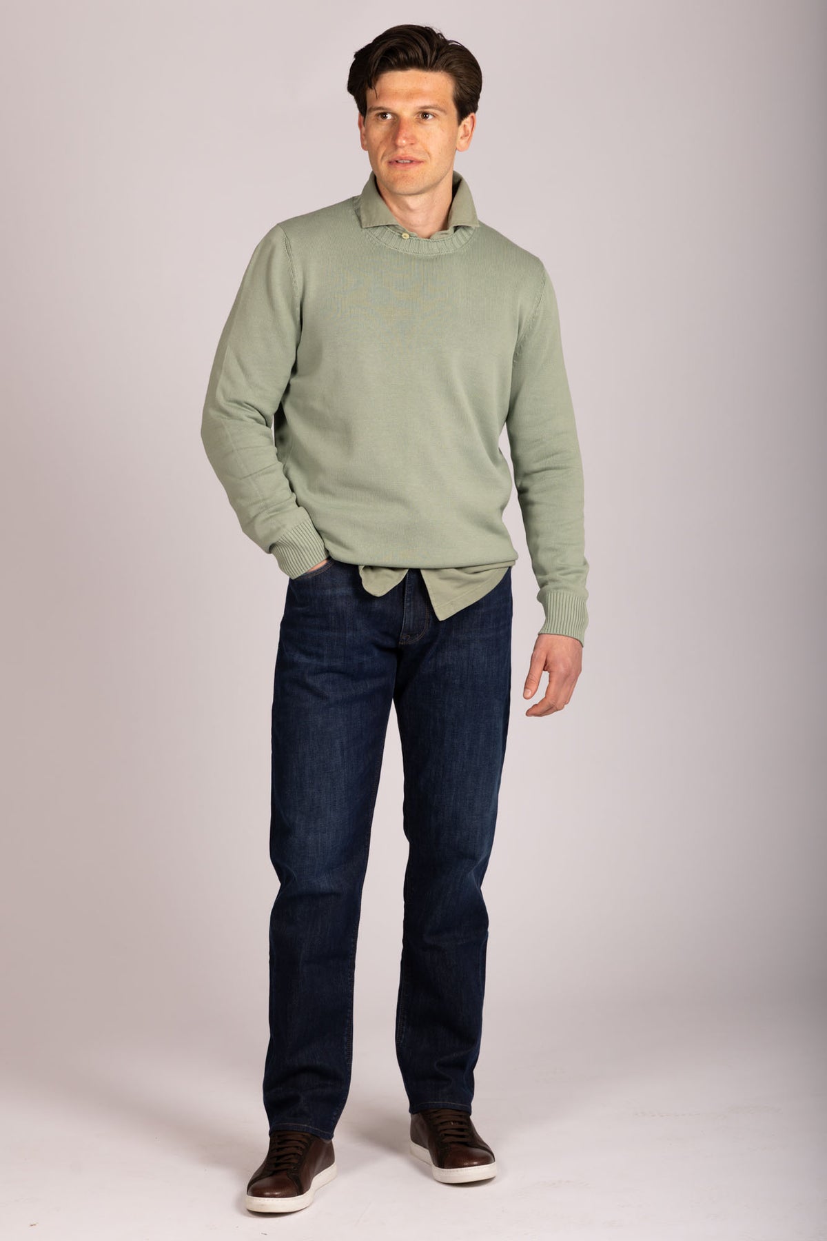 Light sage green crew neck jumper – Featherstone London men’s knitwear - Full Body