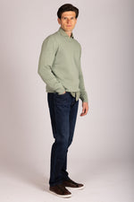 Light sage green crew neck jumper – Featherstone London men’s knitwear - Side View