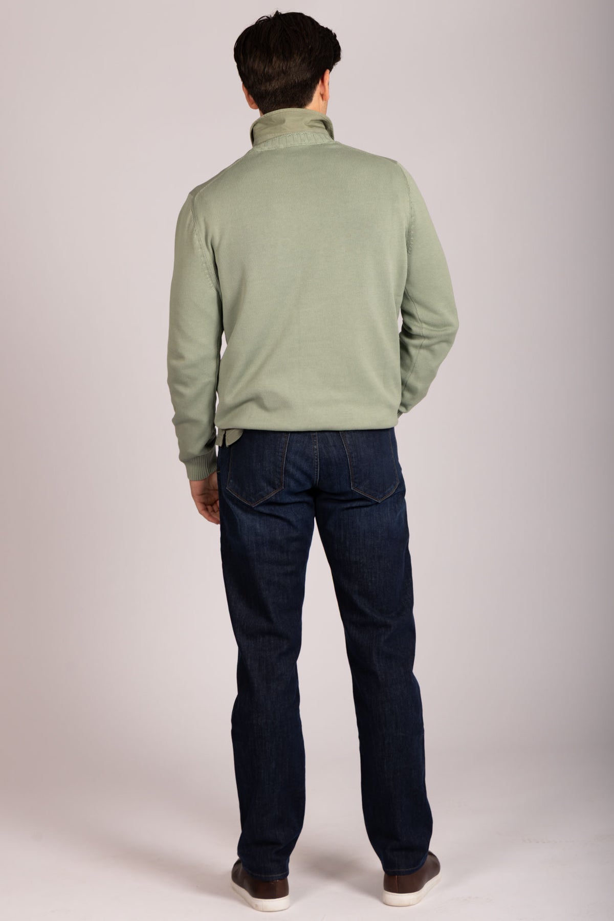 Light sage green crew neck jumper – Featherstone London men’s knitwear - Back View