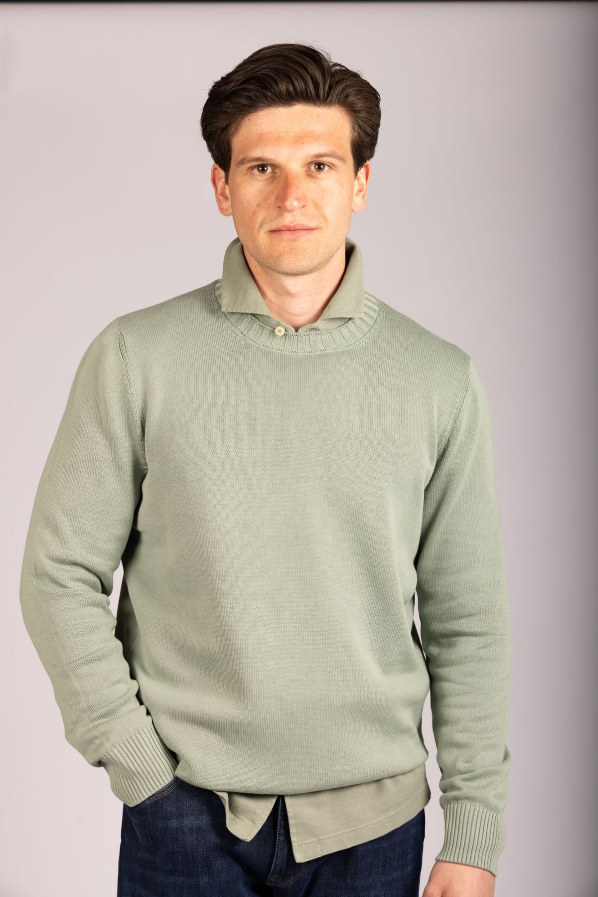 Light sage green crew neck jumper – Featherstone London men’s knitwear