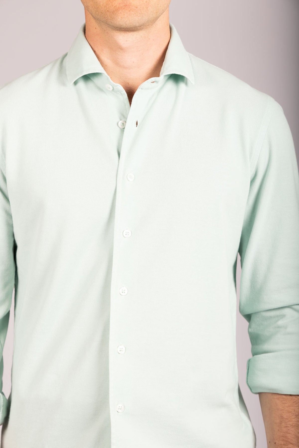 Mint Green Jersey Shirt - Featherstone London men's shirting - Close Up