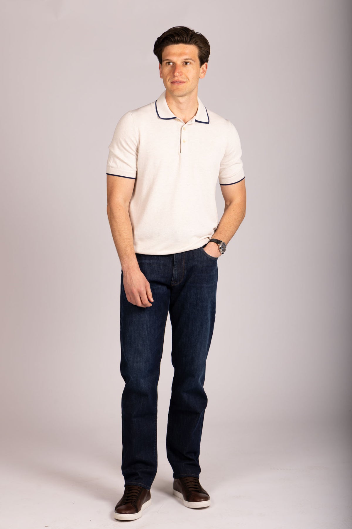 Off white tipped knit polo – Featherstone London men’s polo shirts - Full Body
