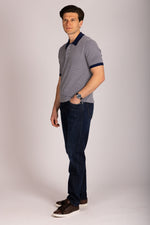 Navy textured knit polo shirt – Featherstone London men’s polo shirts - Side View