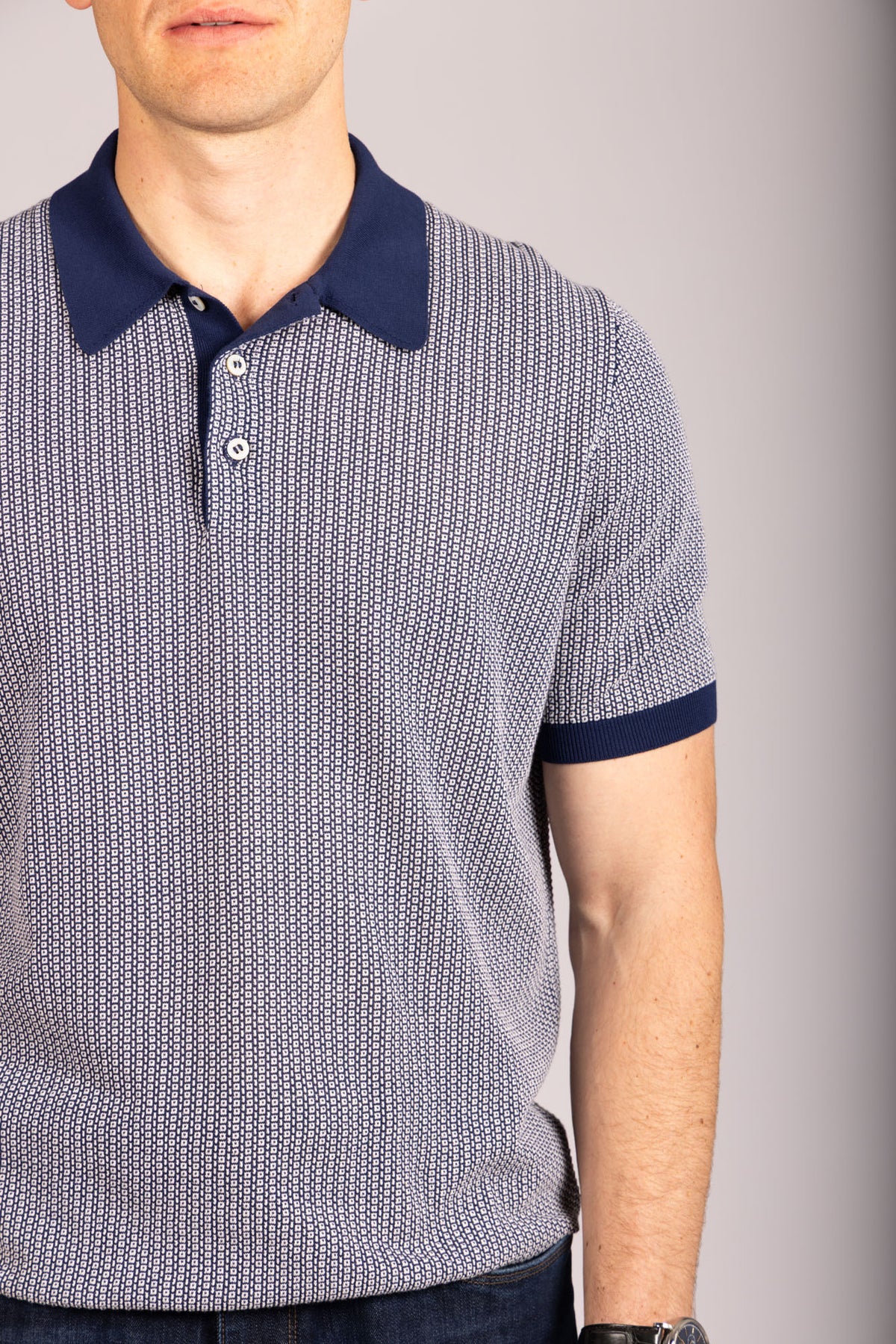 Navy textured knit polo shirt – Featherstone London men’s polo shirts - Close Up