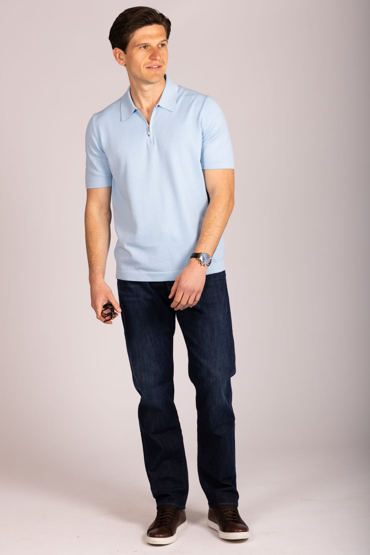 Sky blue zip knit polo – Featherstone London men’s polo shirts - Full Body