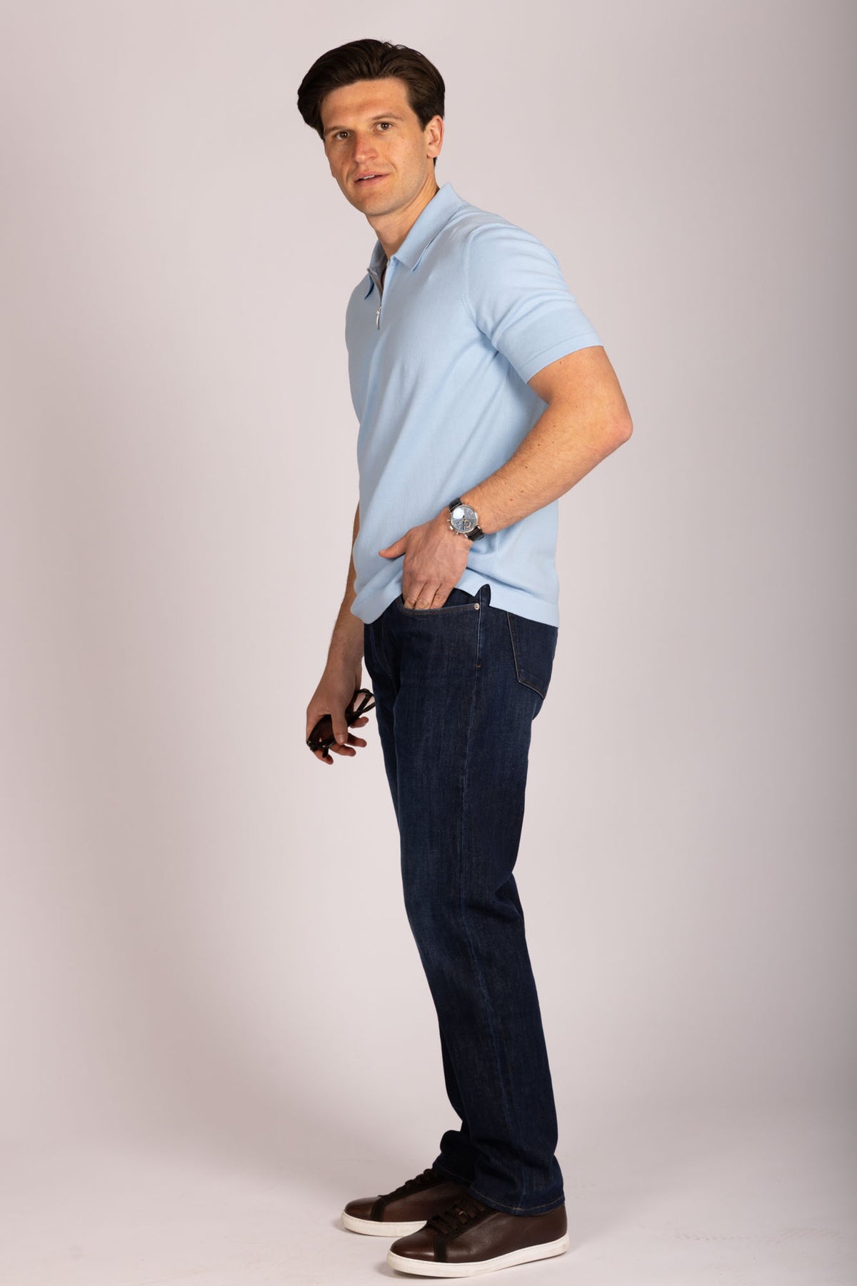 Sky blue zip knit polo – Featherstone London men’s polo shirts - Side View